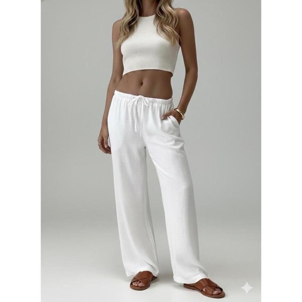 Princess Polly White Linen Blend Wide Leg Drawstring Pants US 8 NWOT